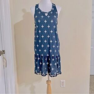 LUCKY BRAND boho tank dress pom Pom tassels hem women’s size L in Navy tribal.